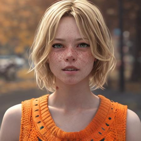 masterpiece, high-detailed:1.2, heathersh3, heather mason, silent hill 3, young adult, 1girl, posing on camera, short blond hair, (white vest with pockets and orange sweater under it), freckles:0.3 , portrait, character, brown eyes, bare shoulders, <lora:HeatherMasonSH3:0.85>