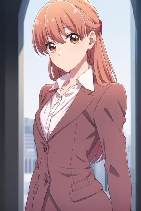 narumi momose, long hair, (brown eyes:1.2), skirt, shirt, jacket, formal, suit, pencil skirt, office lady, skirt suit,