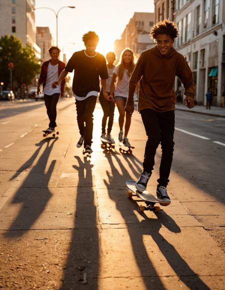 A group of teenagers skateboarding down a city street at sunset, capturing a sense of freedom and movement. The golden hour light casts long shadows and highlights the expressions of focus and exhilaration on their faces. The cityscape in the background is blurred, emphasizing the speed and fluidity of their movement. This candid shot reflects the energy and spontaneity of youth, natural light, 35mm photograph, film, professional, 4k, highly detailed, Golden hour lighting. Depth of field F2. Rule of Thirds Composition.