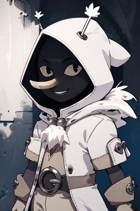 <lora:joris:0.8>, joris, 1boy, masteriece, best quality, solo, faceless, (long nose:1.2), colored sclera, black eyes, hood, jorisoutfit, fur trim, upper body, thin legs, facing viewer, smile, (white hood, white outfit)