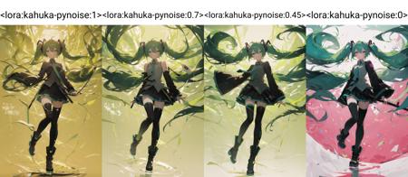 kahuka1, 1girl, solo, green eyes, long hair, twintails, thighhighs, green theme, glowing, hatsune miku, looking at viewer, bandages, hair between eyes, full body, green hair, very long hair, boots, long sleeves, black thighhighs, bangs, standing, floating hair
 <lora:kahuka-pynoise:1>