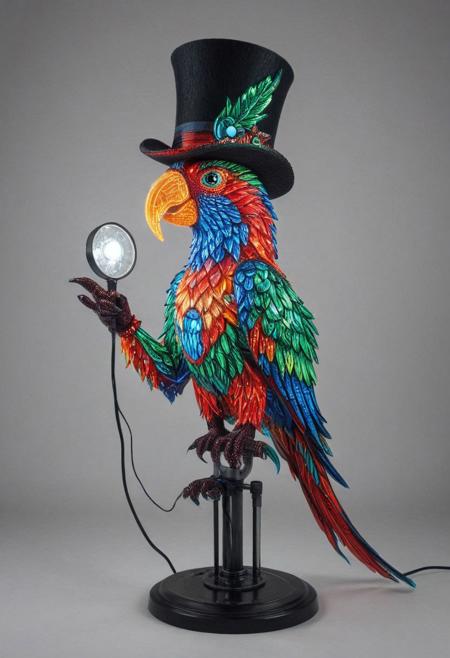 embedding:lazmpos, LED, colorful LED lights, RGB lights, red green and blue parrot, art deco, top hat, cane, monocle,RetroBG