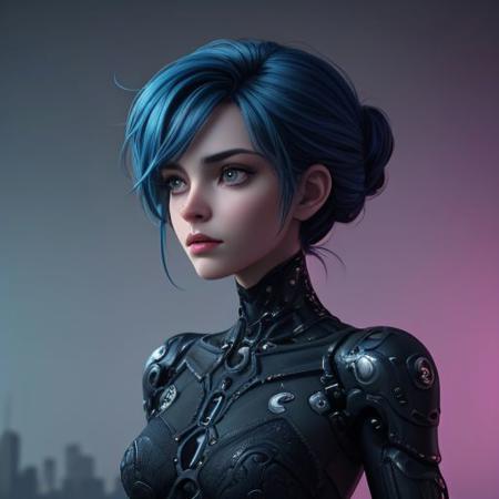 biomechanical cyberpunk in the center of a dark and moody Spring City, a woman with blue hair elegantly styled in an updo is depicted. she wears a pink lace dress. the backdrop is a grunge texture. the woman's gaze is directed to her left, adding a sense of intrigue to the composition. cybernetics, human machine fusion, dystopian, organic meets artificial, dark, intricate, highly detailed