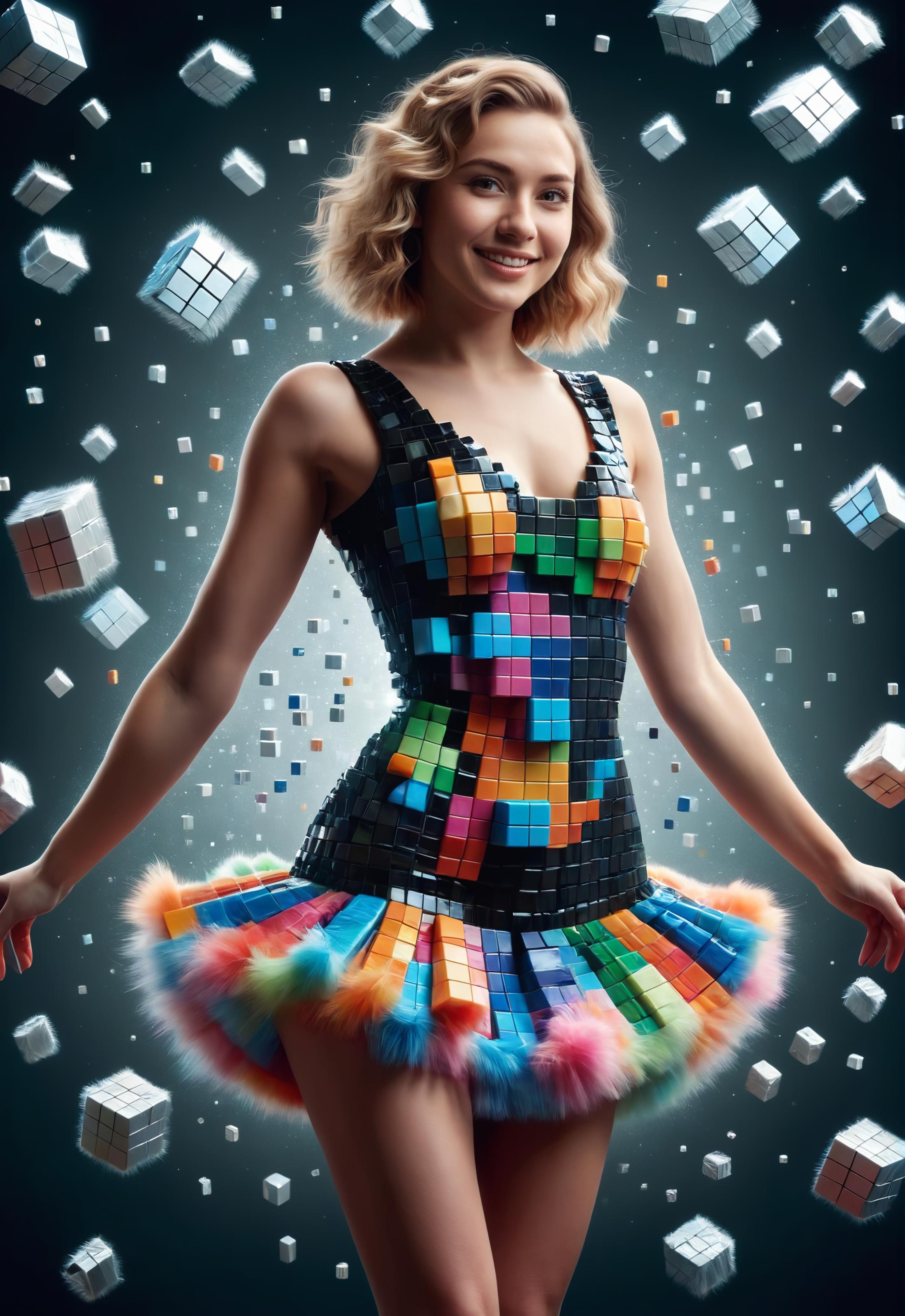 Woman wearing a dress made of Rubik's cubes posing for a photo.