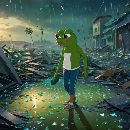 A hurricane-ravaged environment with lots of broken glass and scattered items, (((pepe_frog))), 1 boy <lora:pepe_frog SDXL:1.2>