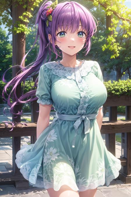 <lora:KozueV4:0.6>, (masterpiece, best quality, ultra-detailed), (illustration), (beautiful detailed eyes),
(1girl), (solo), (extremely detailed face), (beautiful detailed hair), thicc,
large breasts, (0:1.1)
otomune kozue, green eyes, purple hair, (long hair:1.3), hair ornament, (side ponytail:1.3), flower
(outdoors, greenery :1.3), tareme, mature face, tareme
dress, frilled dress, green dress, short sleeves, flower prints
(standing:1.2), (smile:1.2), (arms behind back:1.3), parted lips, blush, (cowboy shot:1.4), best quality, high resolution, unity 8k wallpaper,    <lora:tareme:0.4> <lora:add_detail:0.6>