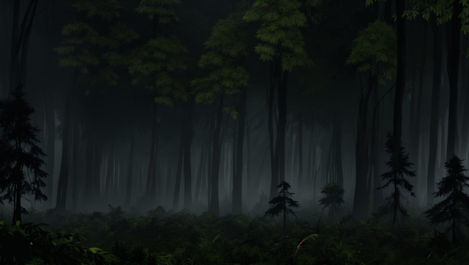 <lora:vn_bg:1> vn_bg, no humans, 
Dark Forest: The camera pans over a dense forest, shrouded in mist and darkness. The tre...