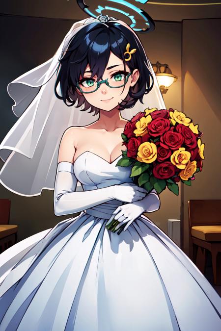  zzChihiro, green eyes, black hair, short hair, glasses, halo, hair ornament blue cardigan, blue necktie, white shirt, black skirt, pleated skirt, wristwatch, open jacket ,