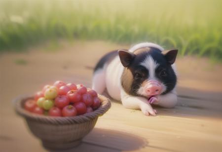 A clever little pig wearing a straw hat,sitting next to a pile of abundant fruits on a spacious farm. It happily enjoys the sunshine,stretches its legs,and munches on the fruits,best quality,<lora:bamaxiangzhu:1>,