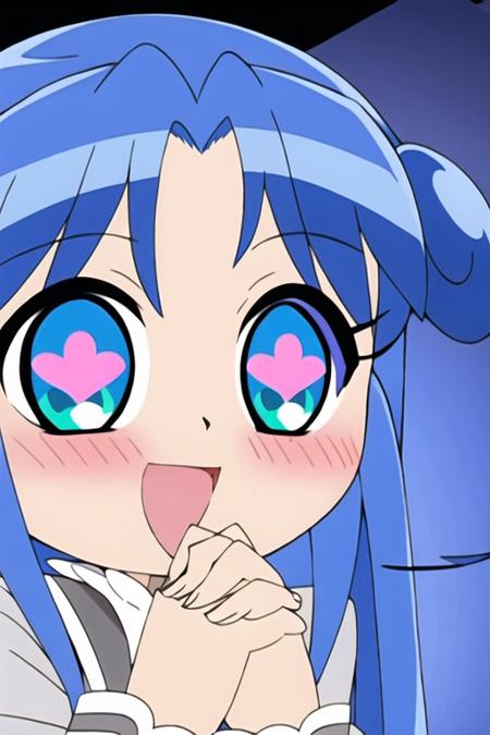 1girl, solo, blue hair, symbol-shaped pupils, heart, own hands together, own hands clasped, heart-shaped pupils, open mouth, green eyes, blush, smile, parody, :d, <lora:双子星公主不可思议星球的双胞胎公主 :0.8>