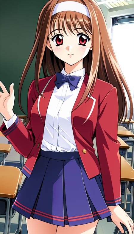 1girl, solo, cowboy shot, light smile, closed mouth, classroom,
<lora:mizuho_yuuki_01:0.8>, mizuho yuuki, light brown hair, hairband, red eyes,
school uniform, blazer, pleated skirt, red skirt, red jacket, white shirt,