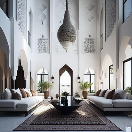 <lyco:Arabic_style_interior_design_Sa_May:1.0> arabic house, Large white middle eastern modern architecture style high vaulted ceiling, living room