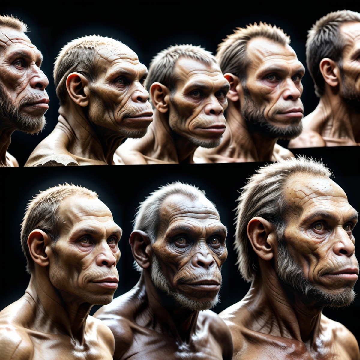 5 steps of human evolution shown as a photo, highly detailed, Panorama, specular lighting, 8k, uhd, insane details, detail...