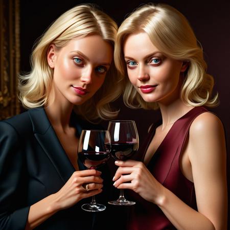 Portrait of two blonde women side by side with a glass of red wine, leaning on each other like good friends. Both looking at the viewer.