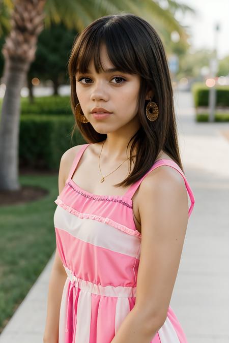 jenna orterga, jenna_ortega_v4 wearing summer dress, skinny, bangs, 
pink summer dress, 
head shot, close up, upper body, simple solid background, mid-twenty, age:21, 21 year old, portrait, 
<lora:Jenna_Ortega_V2:0.7>,