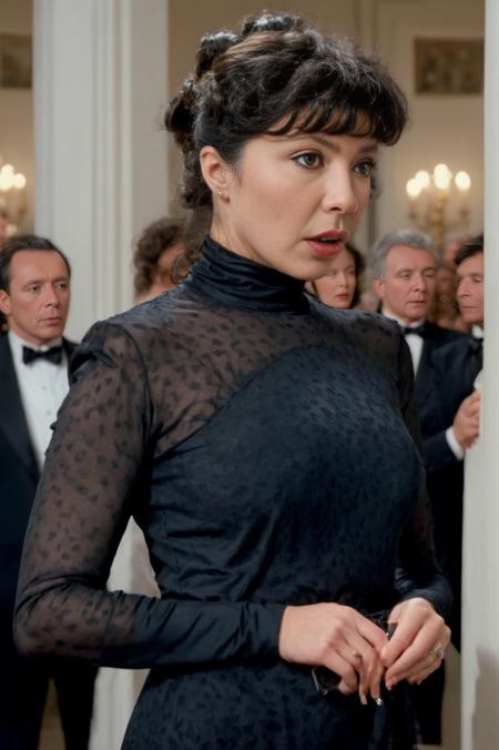 breathtaking, Photorealism <lora:VinaAsikiSDXL-000008:1>, 40 yo VinaAsikiSDXL  wearing intricate turtleneck elegant dress in a gala, 80's aesthetics, Photorealism, often for highly detailed representation, photographic accuracy, or visual illusion., award-winning, professional, highly detailed