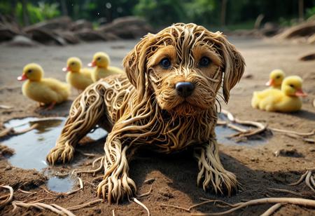 masterpiece, professional photography, PG-TR, active playful dog puppy swimming in the pond, fluffy ducklings:1.3, building a chromatic robotic dog with open wiring shows different very detailed views, aggressively barking at viewer, saliva, daunting eyes, drone, correct proportions, natural texture, natural colors, elegance, dust glimmer in air, bokeh, (set highlights in gold:1.4), 4k, highest resolution, negative space above, intricate details, depth of field, low-angle view, extreme long-shot fish-eye lens, atmospheric lighting, Canon EOS R5