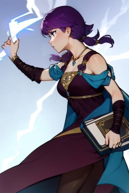 masterpiece, best quality, FELute, necklace, purple dress, blue cape, bracers, holding book, from side, raised arm, shooting a lightning bolt from fingertips <lora:lute-nvwls-v2-000012:0.9>