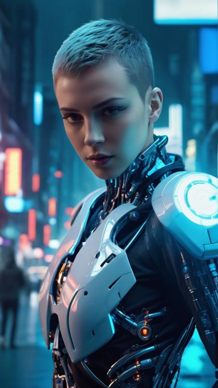 biomechanical style, portrait of a cyborg flash in a futuristic town,cinematic shoot,blade runner atmosphere, blend of organic and mechanical elements, futuristic, cybernetic, detailed, intricate