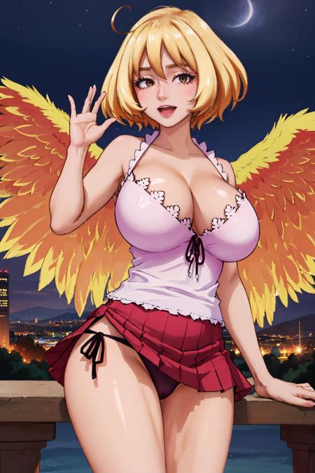 masterpiece, best quality, eldri, yellow wings, camisole, cleavage, pink panties, huge breasts, cowboy shot, waving, :D, hand to hip, looking at viewer, city, night <lora:eldri-nvwls-v1-000009:1>