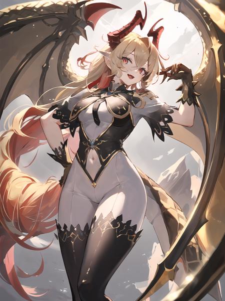 masterpiece,best quality,highres,cinematic lighting,dramatic angle,1girl,<lora:ShadowverseLumioreV6:0.8>,blonde hair,horns,red eyes,slit pupils, black vest,white bodysuit,short sleeves,clothing cutout,looking at viewer,(one hand on own hip:1.1),walking,gloves,scales,spikes,wing,claws,:d,black thighhighs,asymmetrical legwear, tail,cowboy shot,(one hand on own cheek:1.1)