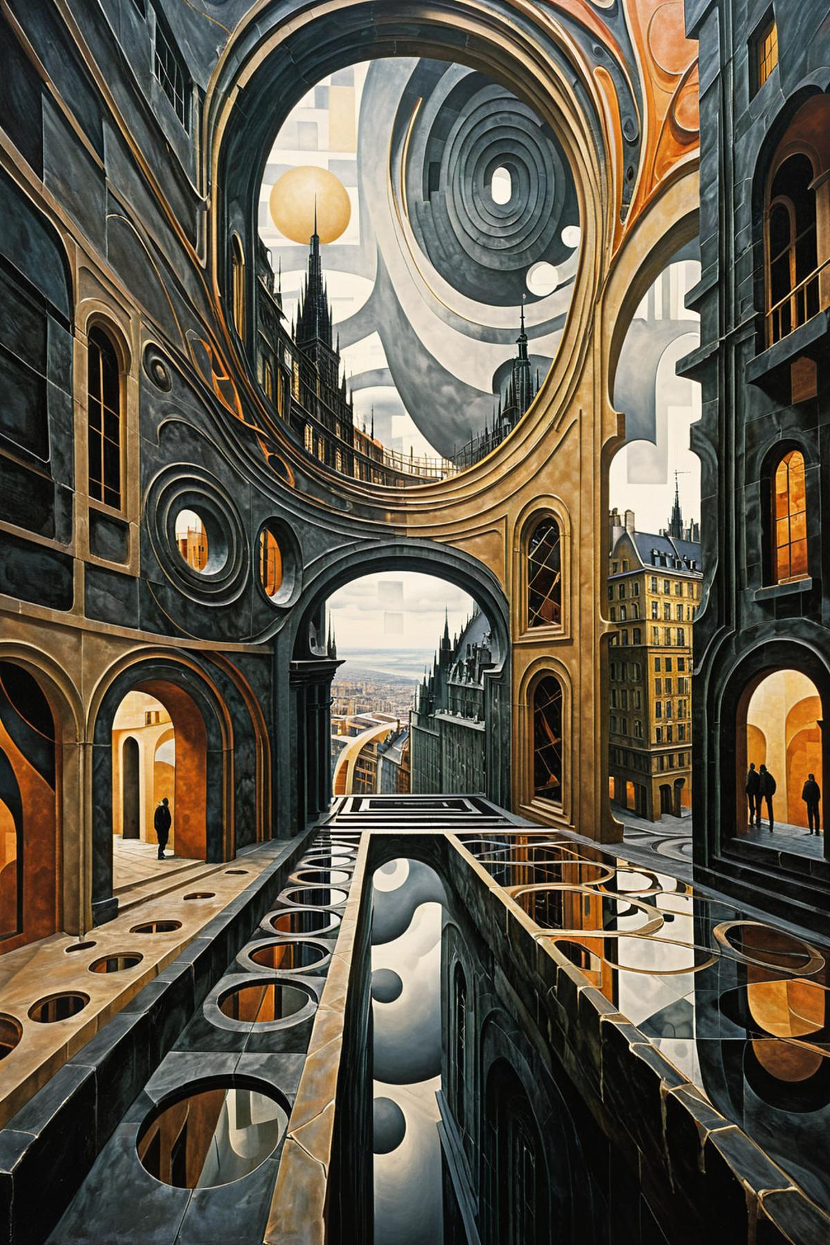 A Cityscape Artwork with Archways, Towers, and Buildings