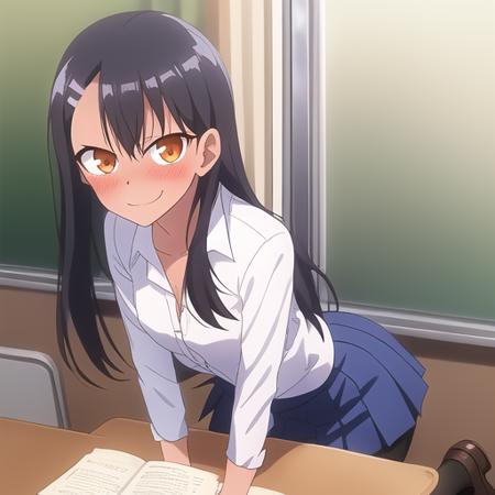 nagatoro-5000, 1girl, arms behind back, bangs, black pantyhose, blue skirt, blush, chalkboard, classroom, collared shirt, dress shirt, full body, indoors, long hair, long sleeves, looking at viewer, pantyhose, pleated skirt, school uniform, shirt, shoes, skirt, solo, standing, uwabaki, white shirt