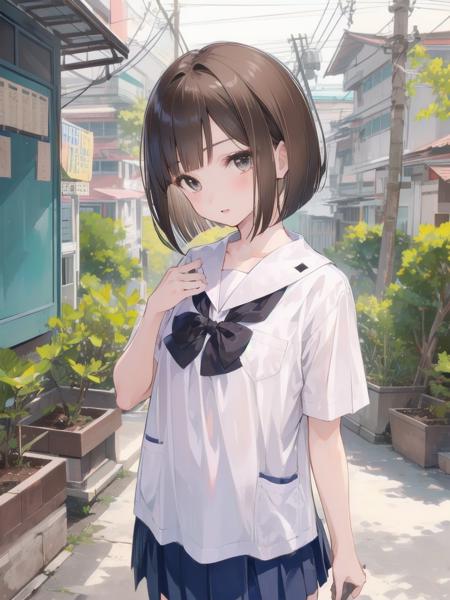 1girl, solo,
reverse bob cut, brown hair,
flat chest,
thai junior high school uniform,