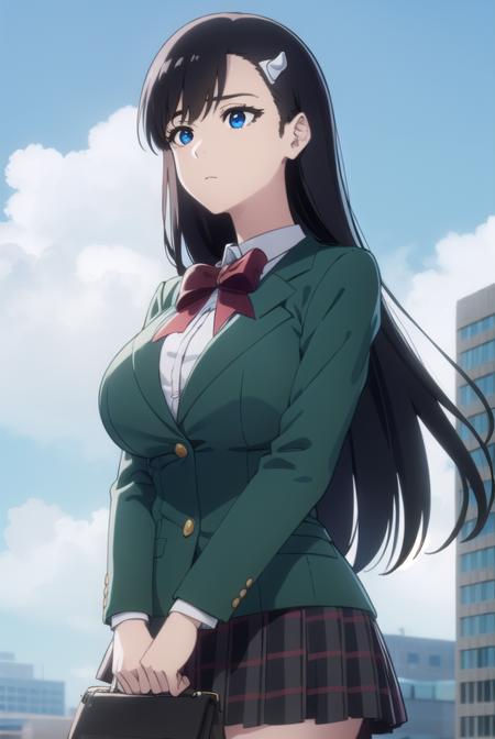 noelniihashi, <lora:noel niihashi anime-lora-nochekaiser:1>,
noel niihashi long hair, blue eyes, black hair, hair ornament, hairclip, (large breast:1.2),
BREAK skirt, shirt, long sleeves, bow, school uniform, jacket, white shirt, pleated skirt, collared shirt, bowtie, red bow, plaid, capelet, blazer, green skirt, green jacket,
BREAK outdoors, city, sun, sky, clouds,
BREAK looking at viewer, (cowboy shot:1.5),
BREAK <lyco:GoodHands-beta2:1>, (masterpiece:1.2), best quality, high resolution, unity 8k wallpaper, (illustration:0.8), (beautiful detailed eyes:1.6), extremely detailed face, perfect lighting, extremely detailed CG, (perfect hands, perfect anatomy),