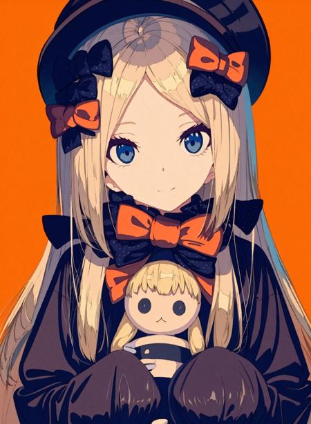 abigail williams (fate), 1girl, long hair, blonde hair, blue eyes, bow, solo, orange bow, hair bow, sleeves past wrists, sleeves past fingers, looking at viewer, dress, parted bangs, black bow, hat, black headwear, long sleeves, black dress, bangs, multiple hair bows, english text, very long hair, polka dot bow, closed mouth, lavinia whateley (fate), forehead, polka dot, upper body, holding, character doll  <lora:焦茶6-000013:1>