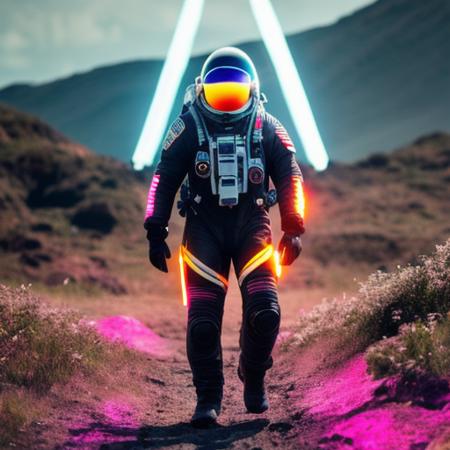 neon-ground-astronaut scifi style,a human male man figure in astronaut suit in field,helmet glowing pink, dynamic lighting, atmosphere  lighting, hyper detail features, ray tracing, high flare, 3D, cinematic lighting, dark shadows, unrealistic Engine 5 rendering, hyper detail,trending on artstation, 4k,extremely high details, ultra hd, hdr, 8k, extremely high details