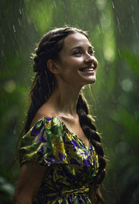 No Makeup, Spanish|Russian, Amazon Rain forest, Flat face, Outdoor, Green and Gold shades, Full hand Floral dress, plait, extreme long shot, Long and silky hair, head bend, Smile, dimples, black and brown hair while shades of violet, so beautiful so elegant just looking like a wow, Silhouette and Cinematic lighting, (((The image should be detailed and lifelike, making it challenging to discern whether it's a real photograph or a digital creation. Focus on achieving realism in her facial features, skin texture, and hair, and ensure the lighting contributes to the overall authentic appearance. Ray tracing)))