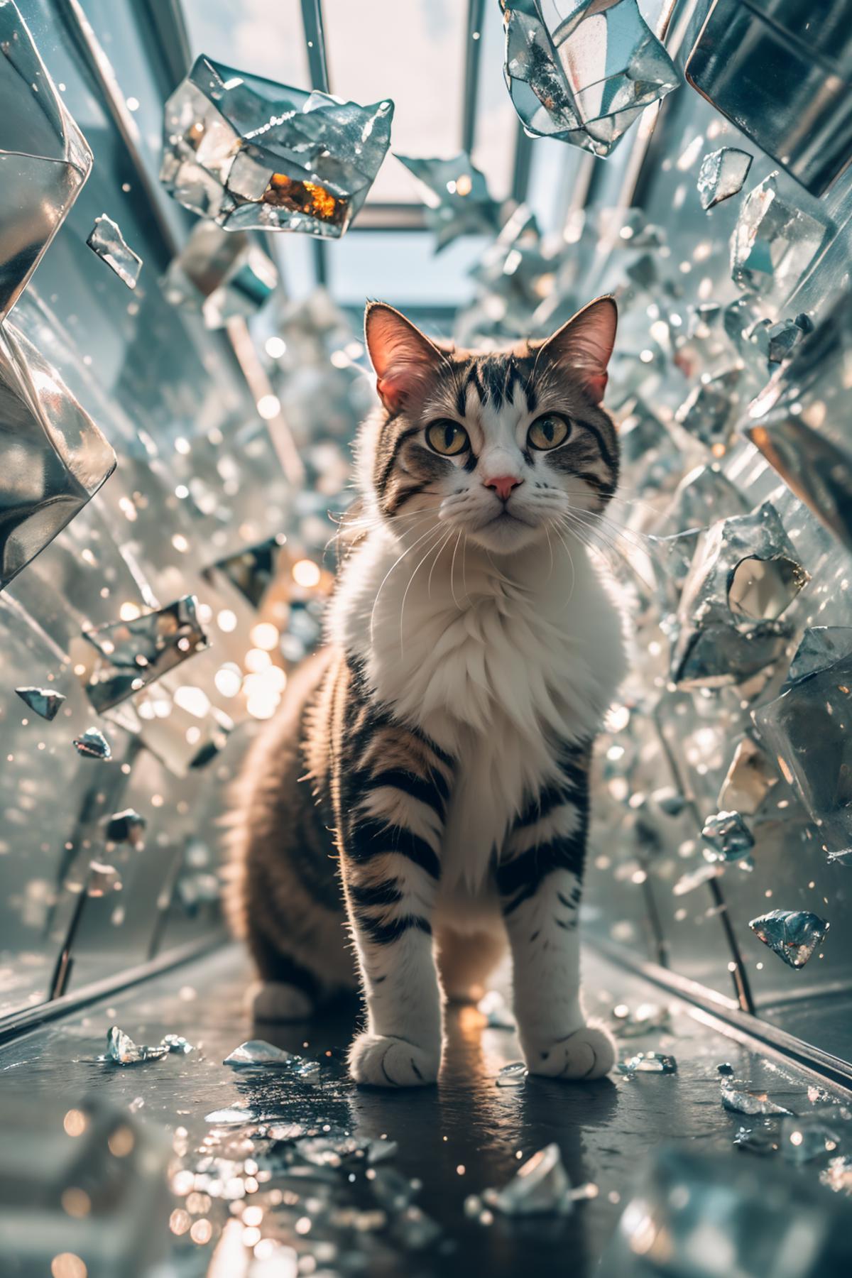 Cat in a room full of mirrors and shards of glass.