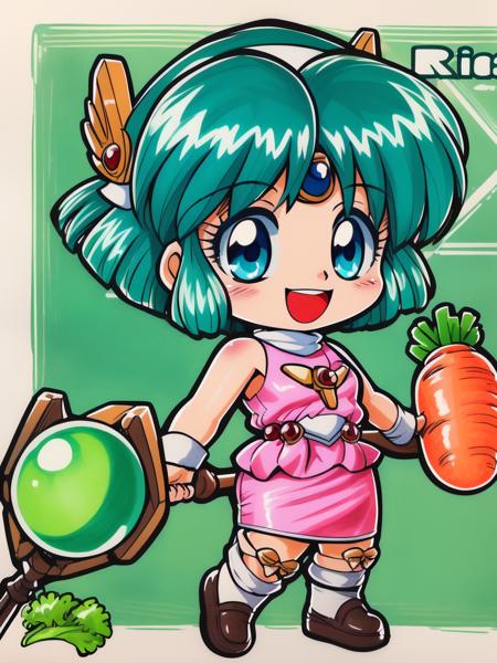 <lora:REMI:1>,REMI, 1girl, blue eyes, green hair, book, short hair, open mouth, skirt, carrot, solo, smile, staff, full body, holding, :d, traditional media, pink skirt, chibi, sleeveless, character name, creature,
masterpiece, high quality, very_high_resolution, large_filesize, full color,