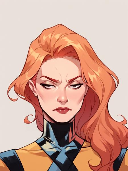 jean grey, 1girl, long hair, orange hair, yellow/green/red/white bodysuit green eyes, floating hair