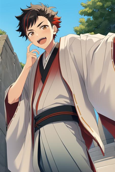 masterpiece, best quality, absurdres, cute, ultra-detailed, perfect anatomy, outdoors, <lora:ensemble stars-000050:0.6>, nagumo tetora, ensemble stars, solo, open mouth, black hair, 1boy, brown eyes, male focus, red hair, multicolored hair, japanese clothes, streaked hair,