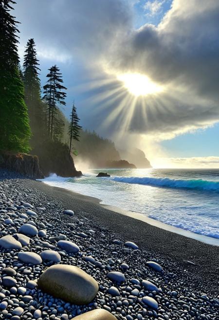 a photograph of a beach on the Pacific northwest coast, rocky pebble beach, a large looming evergreen cedar Forrest looming, the ocean is vibrant and crashing, deep vivid blues and greens, the sky is grey and clouds are heavy the sun is radiating however cutting through a break in the thick looming storm clouds, epic, realism, photo-realism, highest quailty, highest detail, professional, landscape, nature
