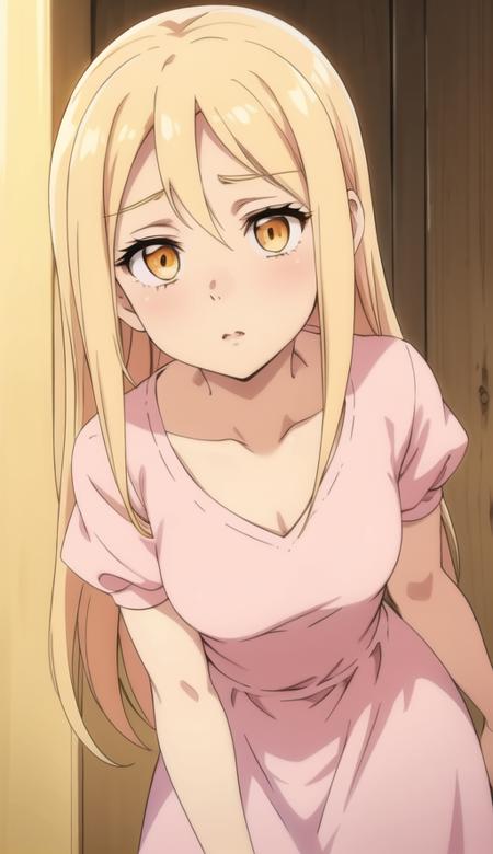 <lora:Elaine:1>   Long blonde hair, golden eyes with thick lashes, mild surprise or curiosity on face, light pink dress with short sleeves and a subtle V-neck, light skin tone