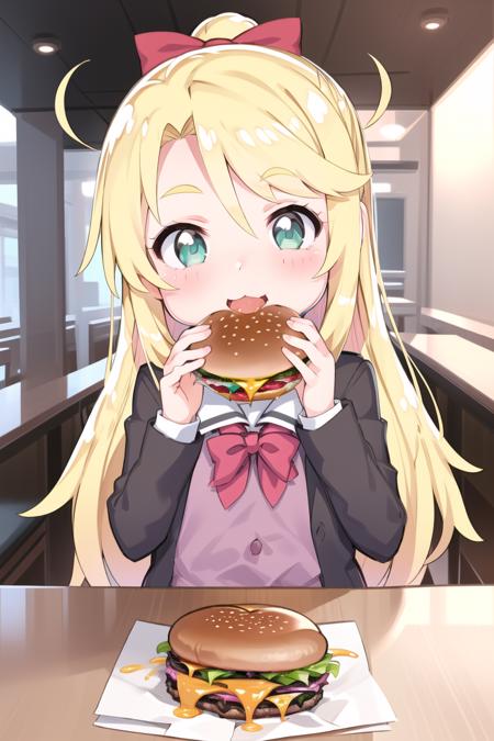 1girl,  <lora:noa:1>, himenoa, :3, school uniform, restaurant, <lora:hugeTwoHandedBurger_v1:0.7>,  two-handed burger, open mouth, burger, biting, happy, looking at viewer,