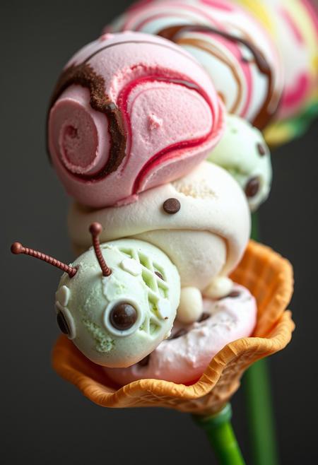 "Hyper-realistic, intricately detailed depiction of a colorful caterpillar, crafted entirely from scoops of ice cream in a variety of flavors. The caterpillar's body, made from a series of rounded scoops, features a swirly mix of flavors, including strawberry, chocolate, and mint chip. Each scoop is meticulously textured to capture the creamy, smooth quality of ice cream, with tiny air pockets and imperfections adding to the realism. The caterpillar crawls on a delicate flower made from a crispy waffle cone, its petals curved and twisted in a natural, organic shape. The waffle cone's texture is equally detailed, with every ridge and bump rendered in precise, hyper-realistic detail. Style: hyper-realistic, highly detailed, and richly textured, with a focus on capturing the vibrant, playful quality of the ice cream caterpillar and waffle cone flower."