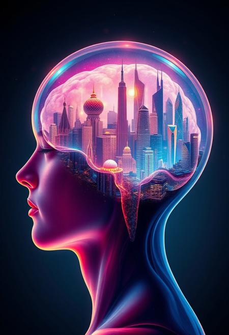 "Illustrate a vibrant, hyper-realistic image of the side of a person's head, with the brain transformed into a glowing, crystal-clear thought bubble. The bubble is filled with a fantastical, dreamlike cityscape - towering spires, sweeping arches, and glittering skyscrapers that seem to stretch on forever. The skin is translucent, allowing the glowing brain-bubble to shine through, casting an otherworldly glow on the surrounding environment." highest-Quality, intricate details, visually stunning, Masterpiece