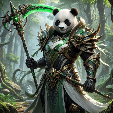 an anime image of a Panda warrior, wielding Scythe weapon, wearing armor, magical forest in background, digital art, HD, masterpiece, best quality, hyper detailed, ultra detailed,