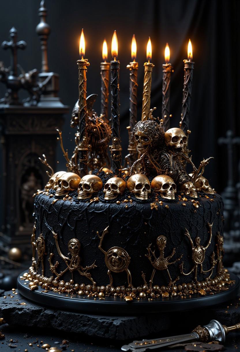 Gothicpunk  black velvet cake, golden skulls on top, black icing, candles in the shape of skeletons, graveyard, ultra HD, magical realism, ultra fine details, cinematic, fantasycore, volumetric lighting, epic composition, grimdark, ,breathtaking borderland fantasycore artwork by Android Jones, Jean Baptiste monge, Alberto Seveso, James Jean, Jeremy Mann, maximalist highly detailed and intricate professional photography, a masterpiece, 8k resolution concept art