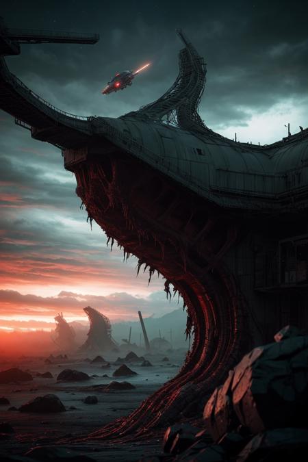 mastrpiece photography, of Sci- fi Horror Something wicked this way comes close-up the scariest ever ,planet with scariest reddish black spacecraft on the ground being discovered by astronauts, Cinematic, Chiaroscuro, depth of field, surreal, foreboding background, from the mind of Tim Burton HR Giger, UHD, Insane detail,trending on artstation, sharp focus, trending on artstation, abstract colors, professional ominous art, smooth, sharp focus, in the style of simon stalenhag, wayne barlowe, and igor kieryluk. <lora:xl_more_art-full_v1:1>