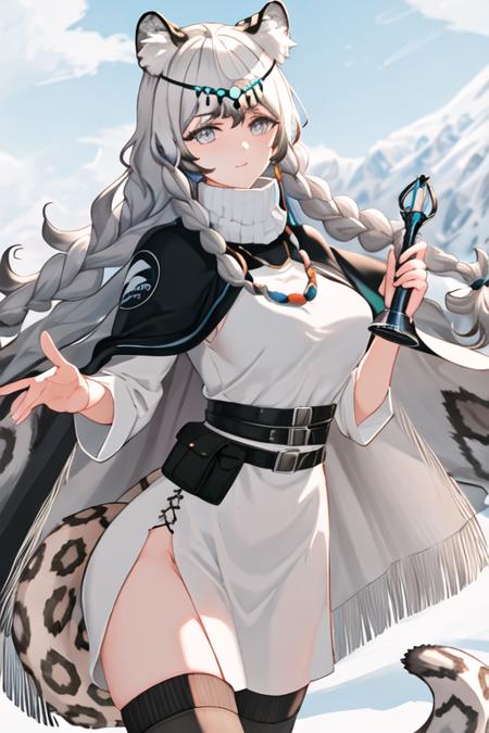 best quality, masterpiece, highres, solo, {pramanix_arknights:1.15}, long_hair, animal_ears, braid, leopard_ears, animal_ear_fluff, grey_eyes, twin_braids, bangs, grey_hair, jewelry, white_hair, necklace, tail, upper_body, turtleneck, leopard_tail, hair_between_eyes, bell, very_long_hair, 1girl, beads, belt, dress, holding, pouch, white_dress, bead_necklace, cape, cowboy_shot, thighhighs, turtleneck_dress, belt_pouch, breasts, looking_at_viewer, pelvic_curtain, black_belt, black_cape, outdoors, side_braids