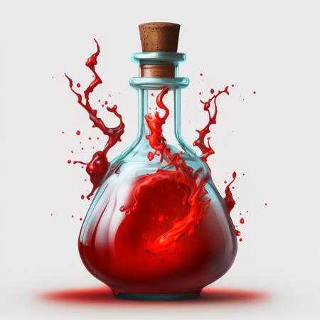 a red liquid in a glass bottle with a cork stopper, painting of one health potion, world of warcraft spell icon, hyper realistic poison bottle, fantasy game spell icon, potions, potion, health potion, glowing potions, making a potion, potion of healing, magic potions, red fluid, mana art, alchemy concept, magical potions, poison, red liquid