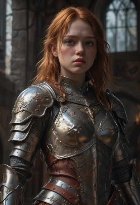High resolution ultra-realistic of Beautiful Warrior Sadie Sink as Joan of Arc, 8k, capturing the intensity of the moment, cinematic lighting, standing on a bloody and stormy battlefield in bloody battle, wavy black hair, realistic dirty pale face, realistic brown eyes,  beautiful hourglass figure, burning in a medieval Town, intricately designed iron and silver armor, Dark Ages Aesthetic, perfect athletic figure, beautiful Warrior Joan of Arc, fire, ultra realistic, cinematic style, vigorous and seductive, athletic figure, dark fantasy, dramatic lighting, wet and sweaty skin, dirty skin, athletic figure, dark fantasy, dramatic lighting, Greg Rutkowski style,, Warrior Joan of Arc on in iron armor, hyper-detailed, hyper-realistic, bright colours, Attractive 21 old years girl, Attractive, beautiful firm Breasts, sharp focus, digital painting, Photograph Taken on Nikon D750, Alphonse Mucha, 8K, athletic figure, Hyperdetailed, hyperrealism, Attractive, Attractive bust girl, asymmetric balance