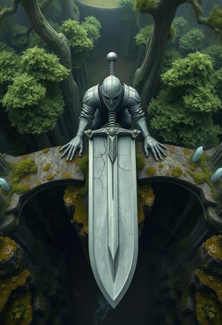 Here’s the revised prompt emphasizing the knight offering the sword like a tray, with hands beneath it:
"A mesmerizing mystical landscape viewed from a bird’s-eye perspective, featuring a colossal stone knight as the central figure. The knight is in a kneeling position atop a moss-covered rocky pedestal, holding a massive sword horizontally in both hands as if offering it like a tray. His stone hands are positioned palms-up beneath the sword, supporting its weight. The sword, ancient and weathered, forms a bridge spanning a deep chasm, its surface cracked and adorned with creeping moss and vines. The knight’s figure, carved from weathered stone, is covered with intricate carvings and patterns, now faded by time, and further adorned with patches of moss and small plants growing from its crevices.
Behind the bridge lies an enchanting, otherworldly forest, dense with towering trees and thick foliage. The forest is shrouded in a soft, glowing mist, with faint bioluminescent lights emanating from the vegetation, casting an ethereal glow. Rays of cinematic light break through the mist, illuminating the knight, the sword bridge, and the surrounding area with a surreal, golden-green hue. Every detail is rendered with maximum precision, from the textures of the knight’s cracked stone surface to the vibrant, mystical forest. The atmosphere is one of reverence, ancient mystery, and awe-inspiring beauty."