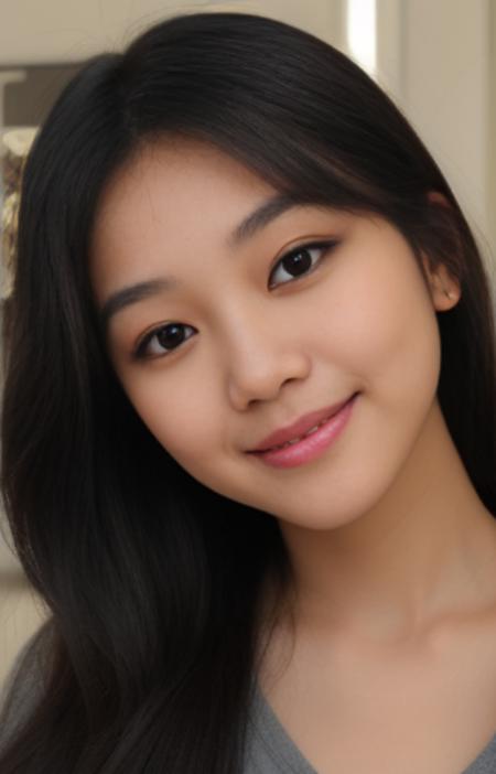 portrait of a young Asian woman with a light brown complexion and slight bags under her eyes. She has a heart-shaped face with high cheekbones, a wide, straight nose, and a big smile with thick lips. Her eyes are deep blue, round, and positioned low. Her black hair is wavy and average length with very thin sides and a short top. She is wearing dark, muted clothing. Focus on capturing her youthful appearance despite her age.
(åè rengi:="#a58681" è²å½©2:="#0d0d0f" è²å½©3:="#282325" è²å½©4:="#17171a")
(Reference color 1:="#a58681" color 2:="#0d0d0f" color 3:="#282325" color 4:="#17171a")
 <lora:M209EWV2:1:1>