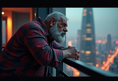 3d cgi scifi film, movie still photograph in portrait orientation, bara manga style, set in a dark setting accented by rimlight. Hugo: A 55-year-old muscle-bear, standing tall at 185cm, is characterized by his stocky build and big belly. He has a grayish beard, short salt and pepper hair, a wide face with a double chin, hairy arms, and a unique wide crooked nose. A golden earring shines from his right ear. Clad in a cozy flannel shirt, his presence reflects that of an architect or a knowledgeable university professor. Pose: Hugo leans over a balcony rail, deeply engrossed in the breathtaking view of a blame! Megastructure-inspired metropolis.